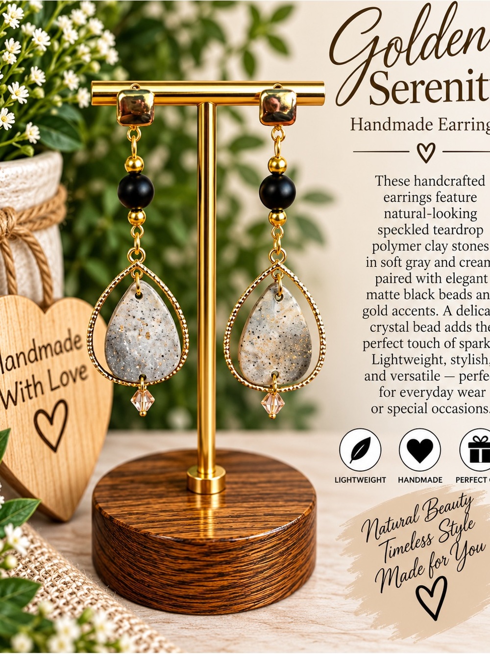 Serenity Gold Teardrop Earrings with Speckled Gray & Black Accents